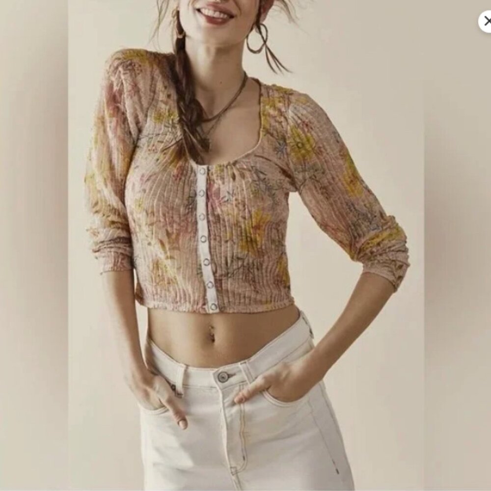 Free People Angelina Bohemian Festival Sheer Floral Lace Cropped Top Small